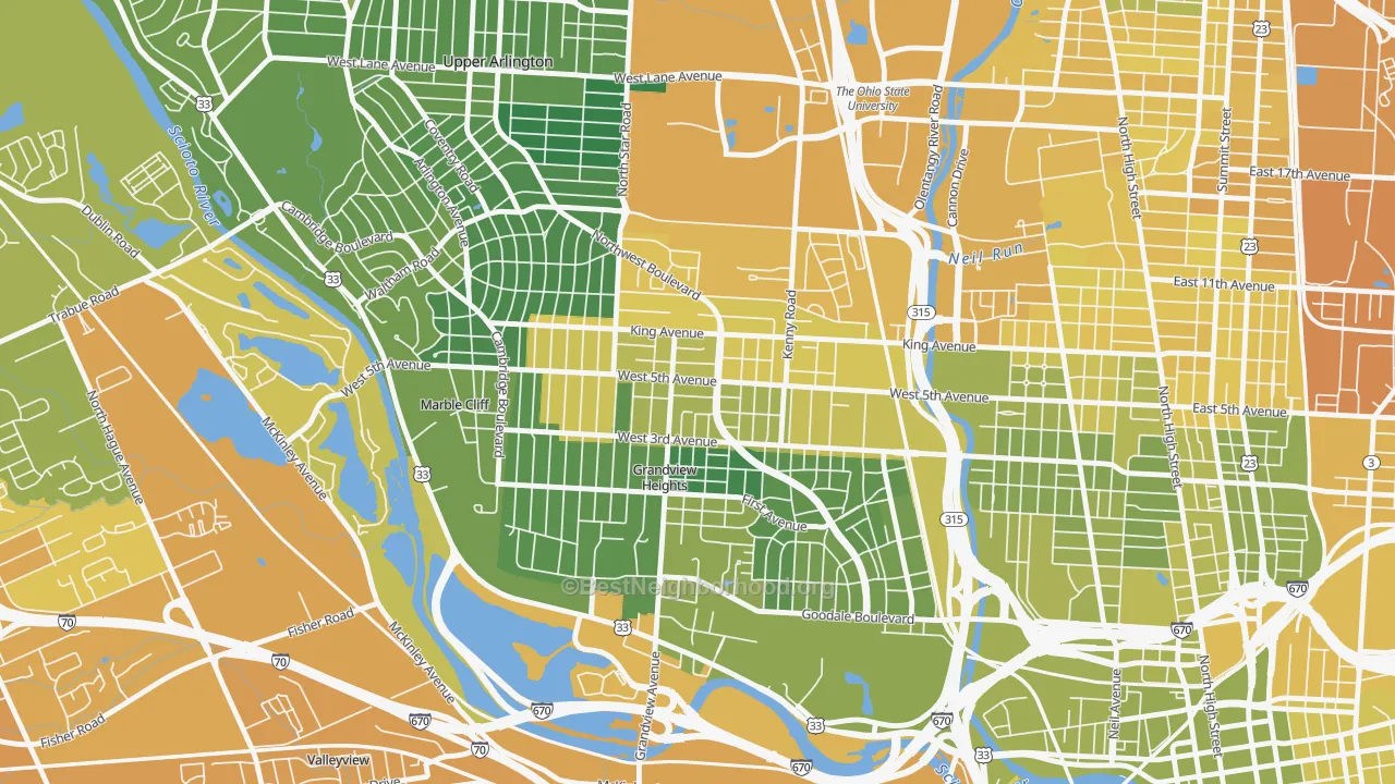 Map of the best neighborhoods in the 43212 area, with better matches in green and worse matches in red