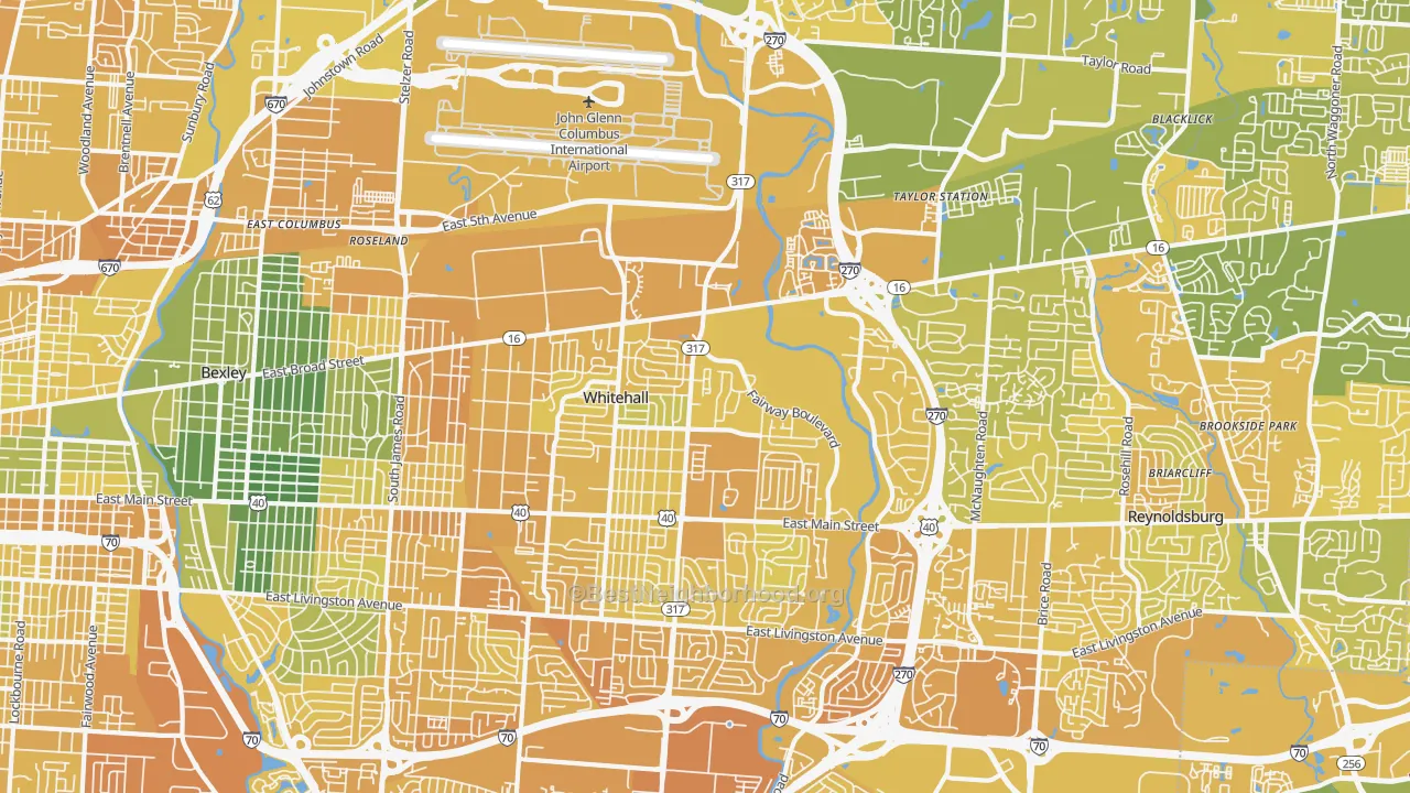 Map of the best neighborhoods in the 43213 area, with better matches in green and worse matches in red