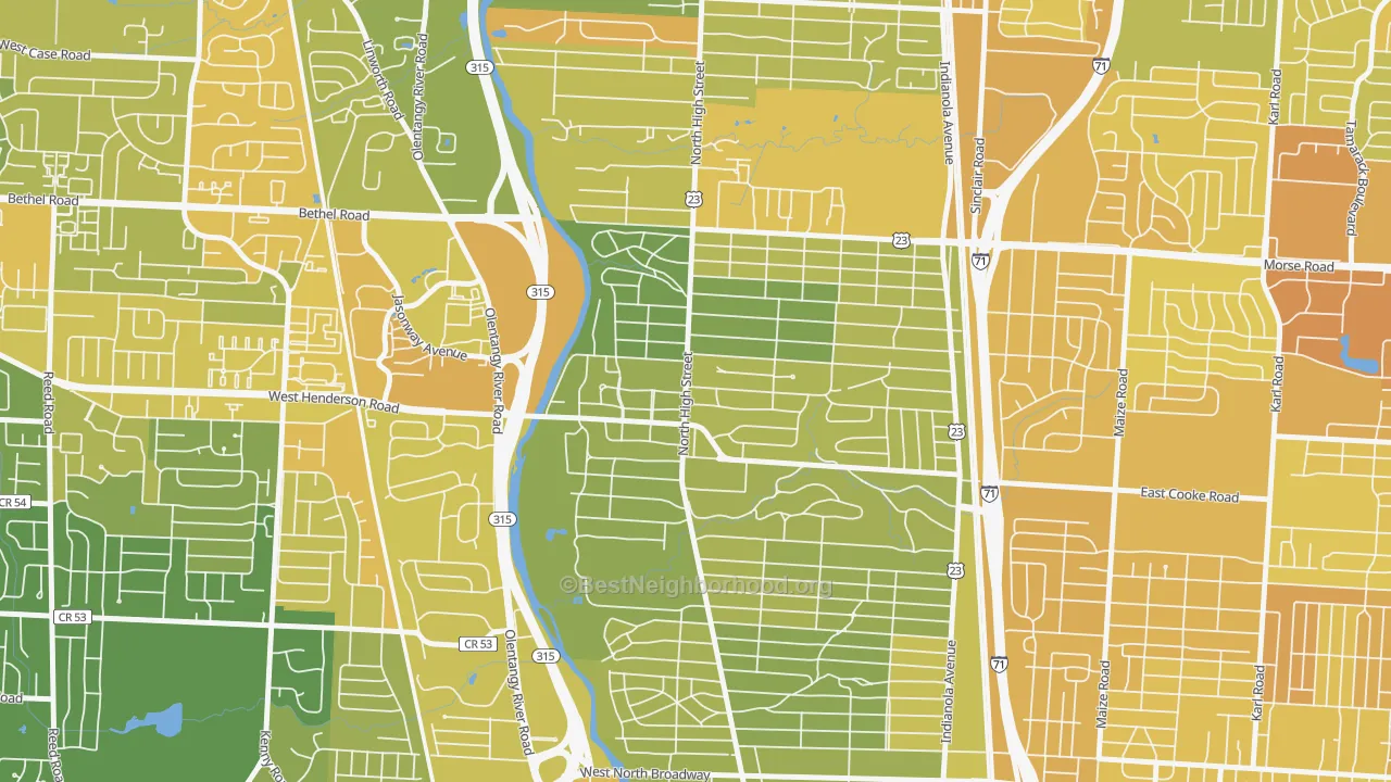 Map of the best neighborhoods in the 43214 area, with better matches in green and worse matches in red
