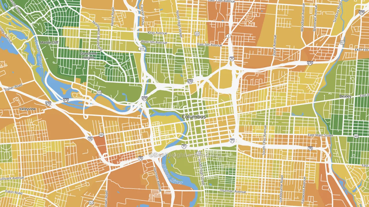 Map of the best neighborhoods in the 43215 area, with better matches in green and worse matches in red