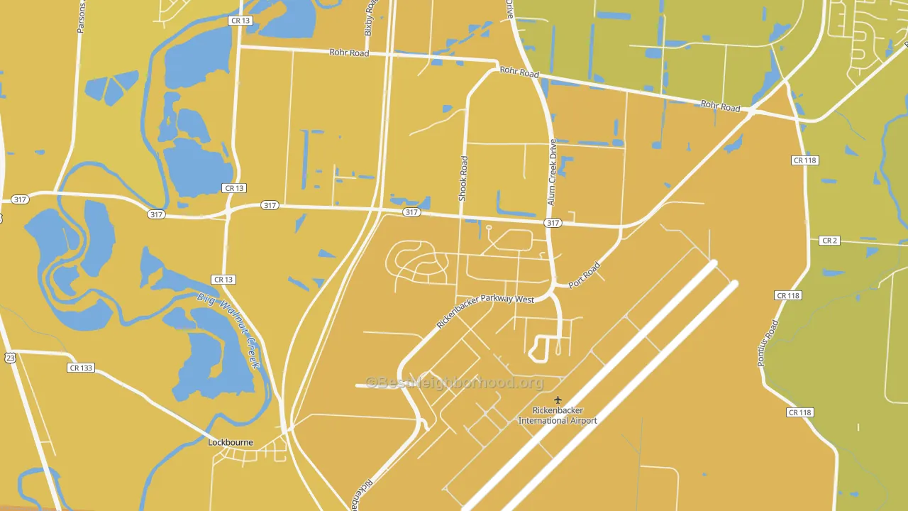 Map of the best neighborhoods in the 43217 area, with better matches in green and worse matches in red