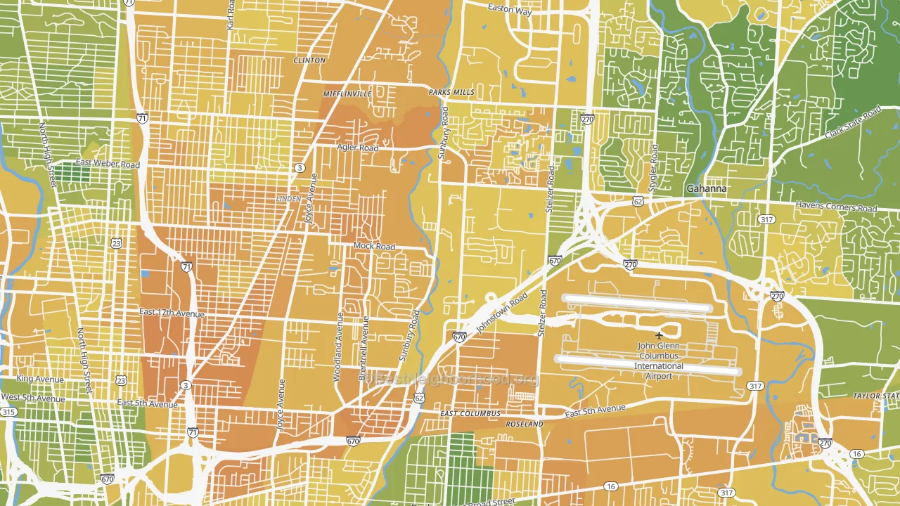 Map of the best neighborhoods in the 43219 area, with better matches in green and worse matches in red