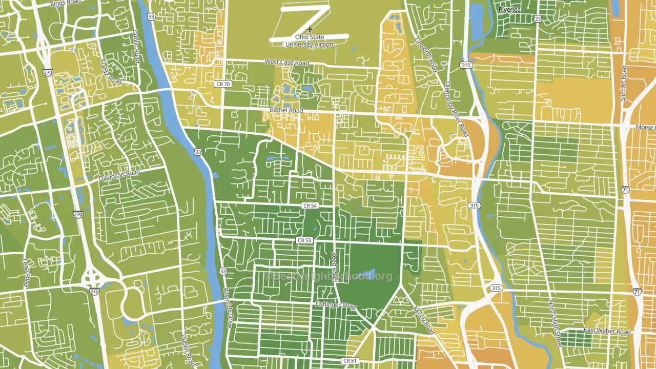 Map of the best neighborhoods in the 43220 area, with better matches in green and worse matches in red
