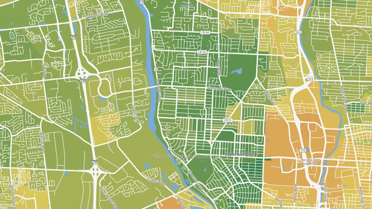 Map of the best neighborhoods in the 43221 area, with better matches in green and worse matches in red