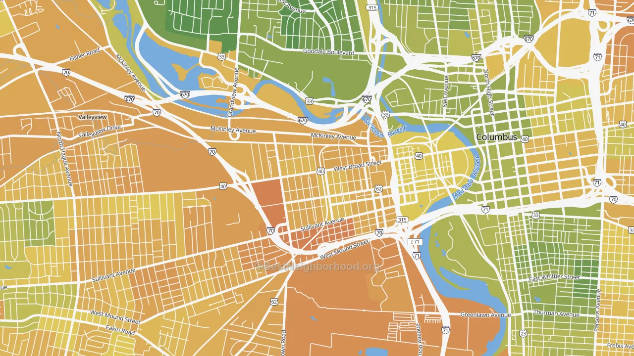 Map of the best neighborhoods in the 43222 area, with better matches in green and worse matches in red