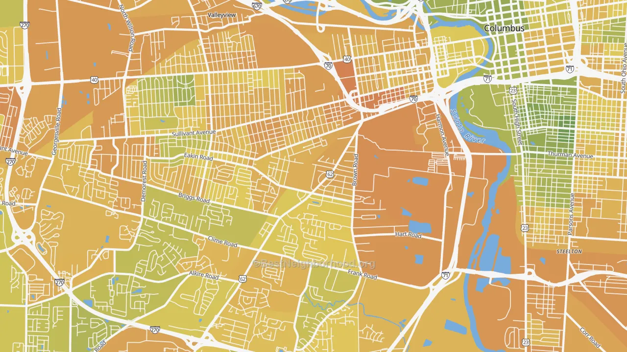 Map of the best neighborhoods in the 43223 area, with better matches in green and worse matches in red