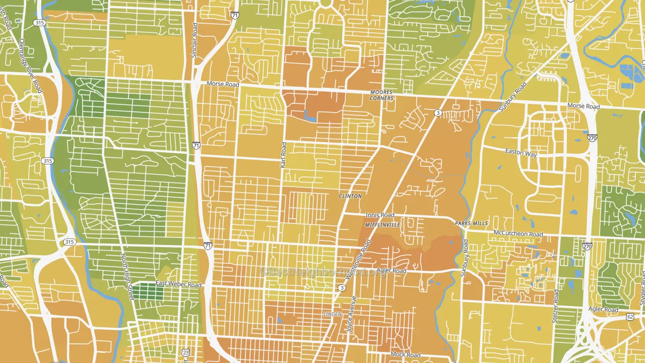 Map of the best neighborhoods in the 43224 area, with better matches in green and worse matches in red