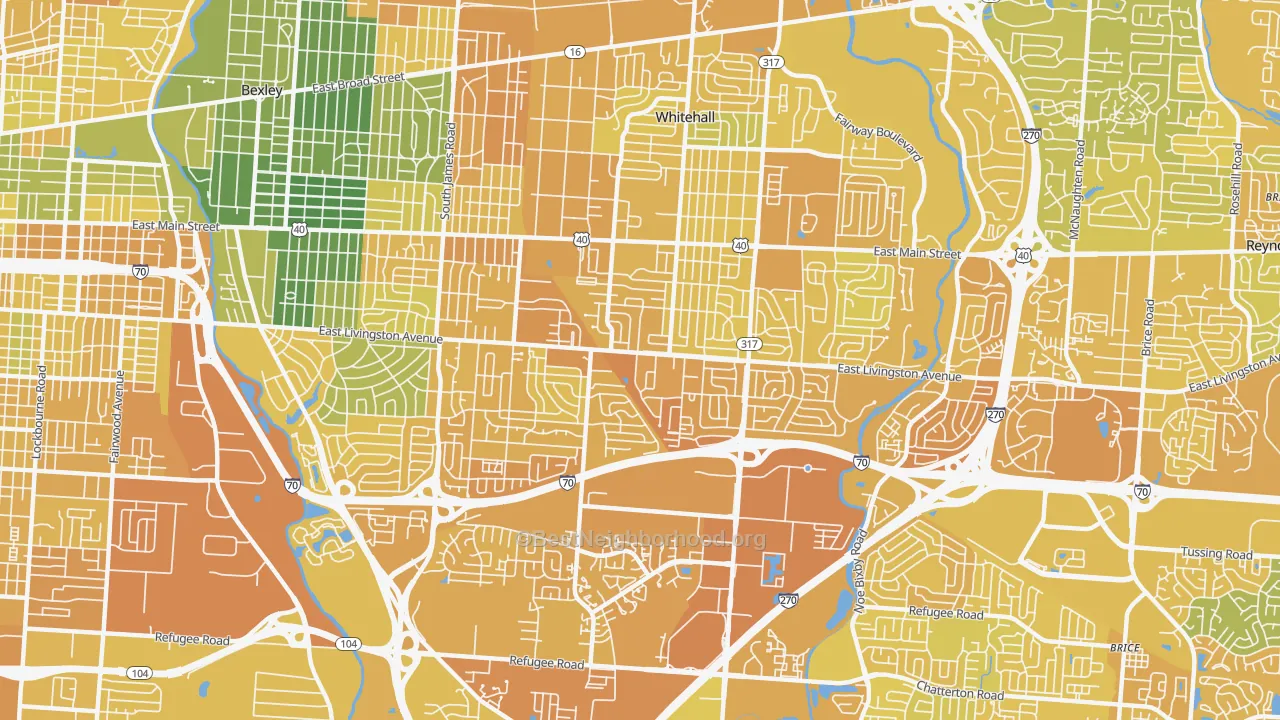 Map of the best neighborhoods in the 43227 area, with better matches in green and worse matches in red