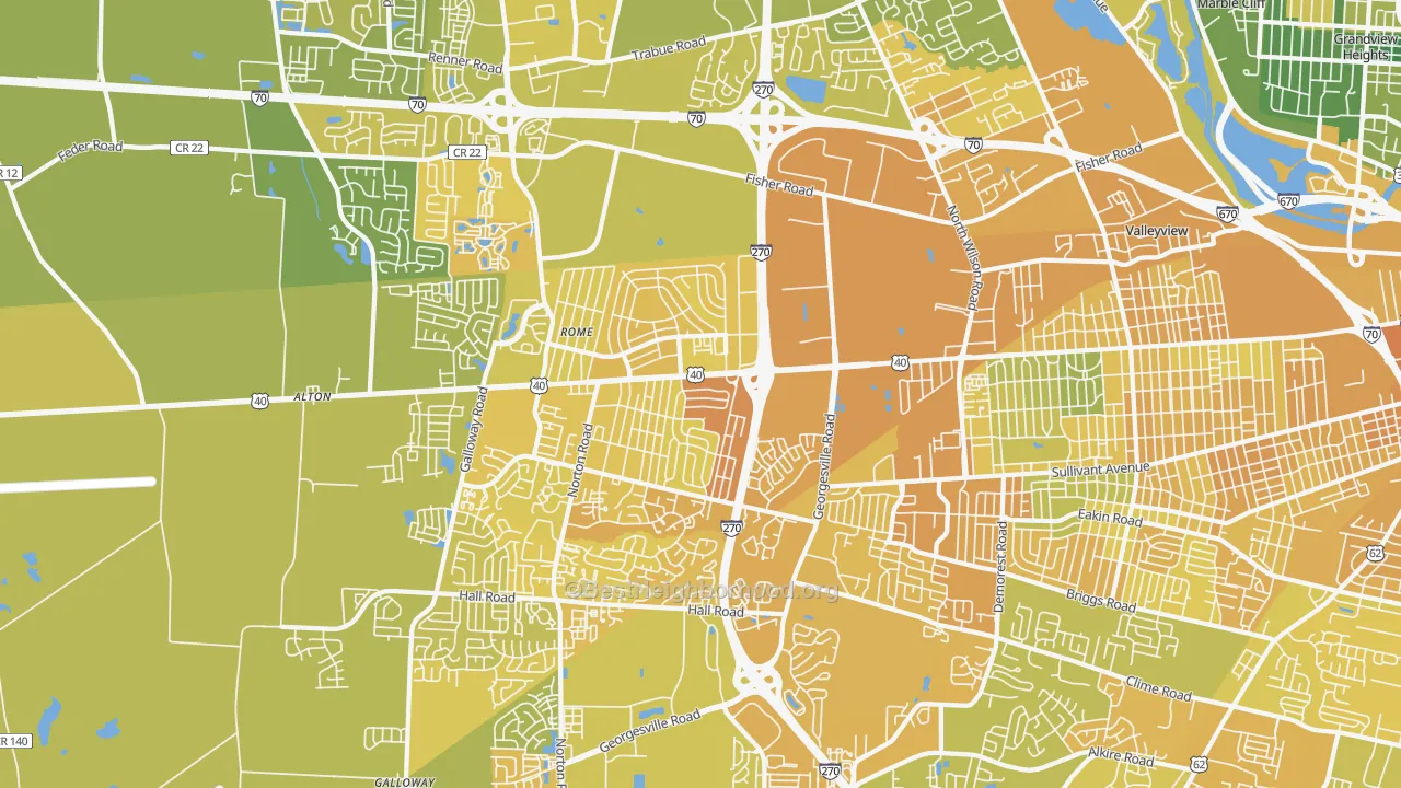 Map of the best neighborhoods in the 43228 area, with better matches in green and worse matches in red