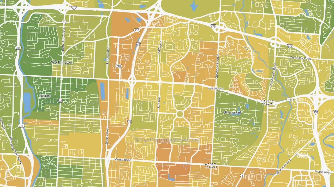 Map of the best neighborhoods in the 43229 area, with better matches in green and worse matches in red