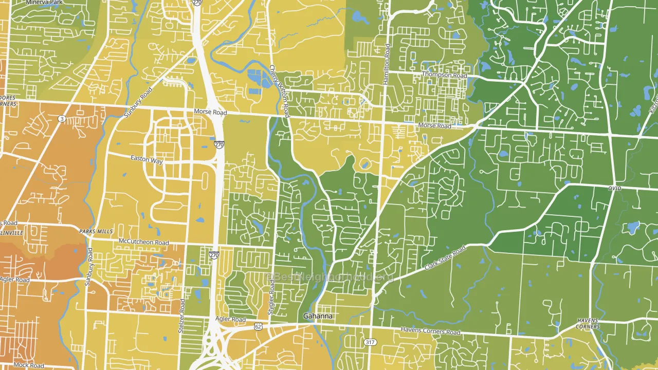 Map of the best neighborhoods in the 43230 area, with better matches in green and worse matches in red
