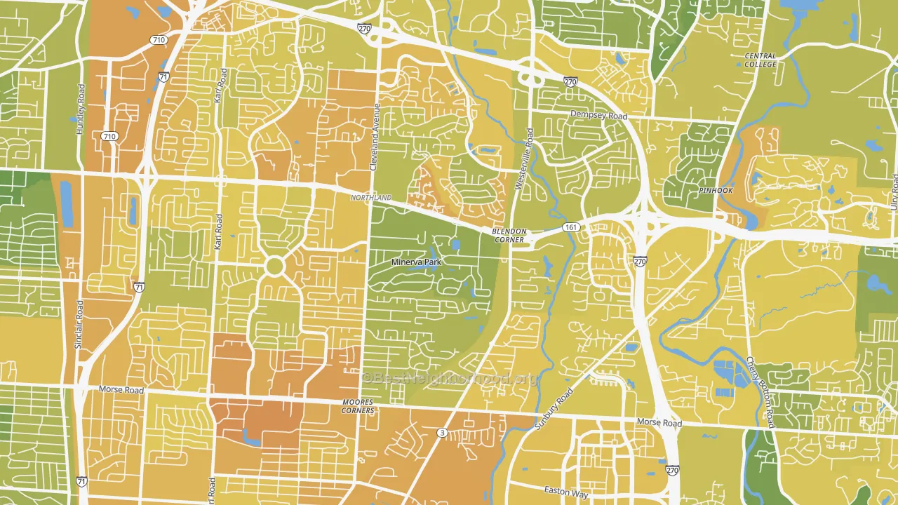 Map of the best neighborhoods in the 43231 area, with better matches in green and worse matches in red
