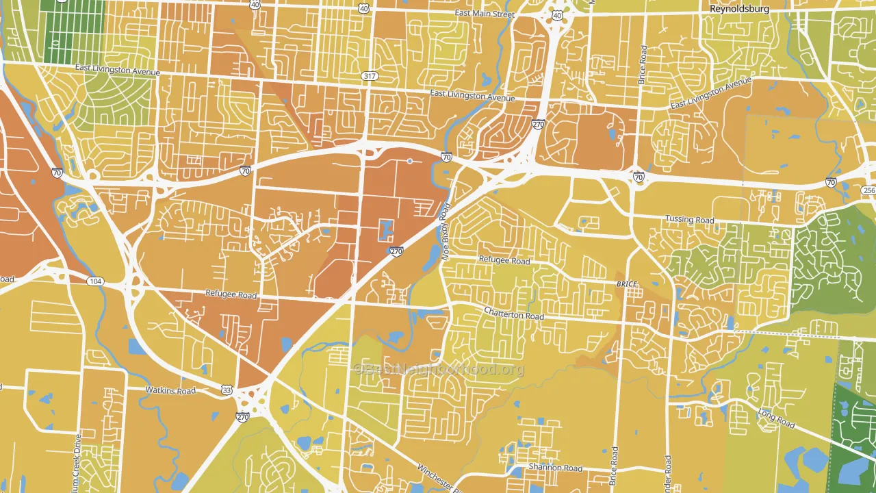 Map of the best neighborhoods in the 43232 area, with better matches in green and worse matches in red