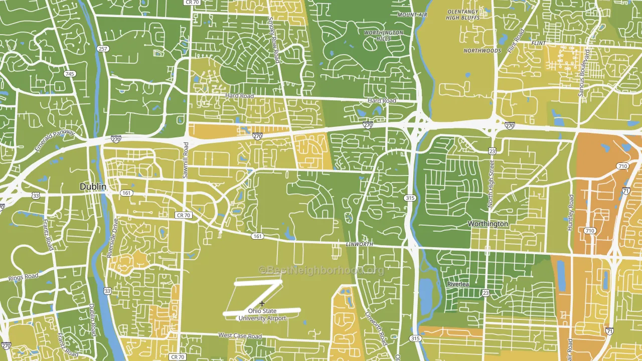 Map of the best neighborhoods in the 43235 area, with better matches in green and worse matches in red