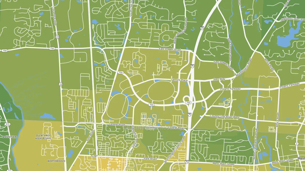 Map of the best neighborhoods in the 43240 area, with better matches in green and worse matches in red