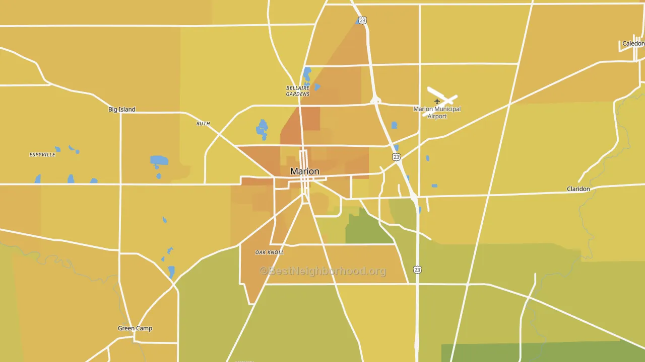 Map of the best neighborhoods in the 43302 area, with better matches in green and worse matches in red