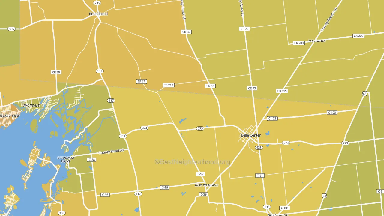Map of the best neighborhoods in the 43310 area, with better matches in green and worse matches in red