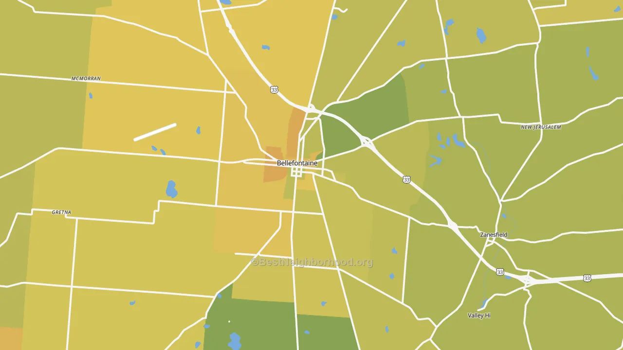 Map of the best neighborhoods in the 43311 area, with better matches in green and worse matches in red