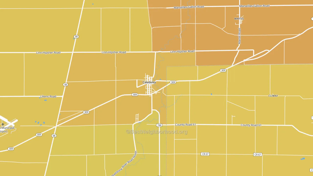 Map of the best neighborhoods in the 43314 area, with better matches in green and worse matches in red
