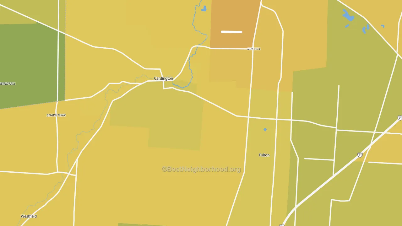 Map of the best neighborhoods in the 43315 area, with better matches in green and worse matches in red