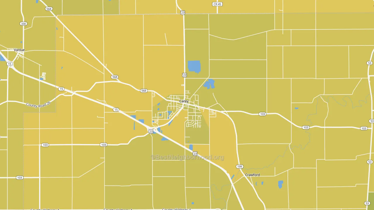 Map of the best neighborhoods in the 43316 area, with better matches in green and worse matches in red