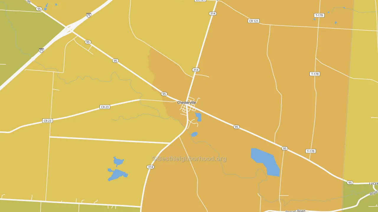 Map of the best neighborhoods in the 43317 area, with better matches in green and worse matches in red