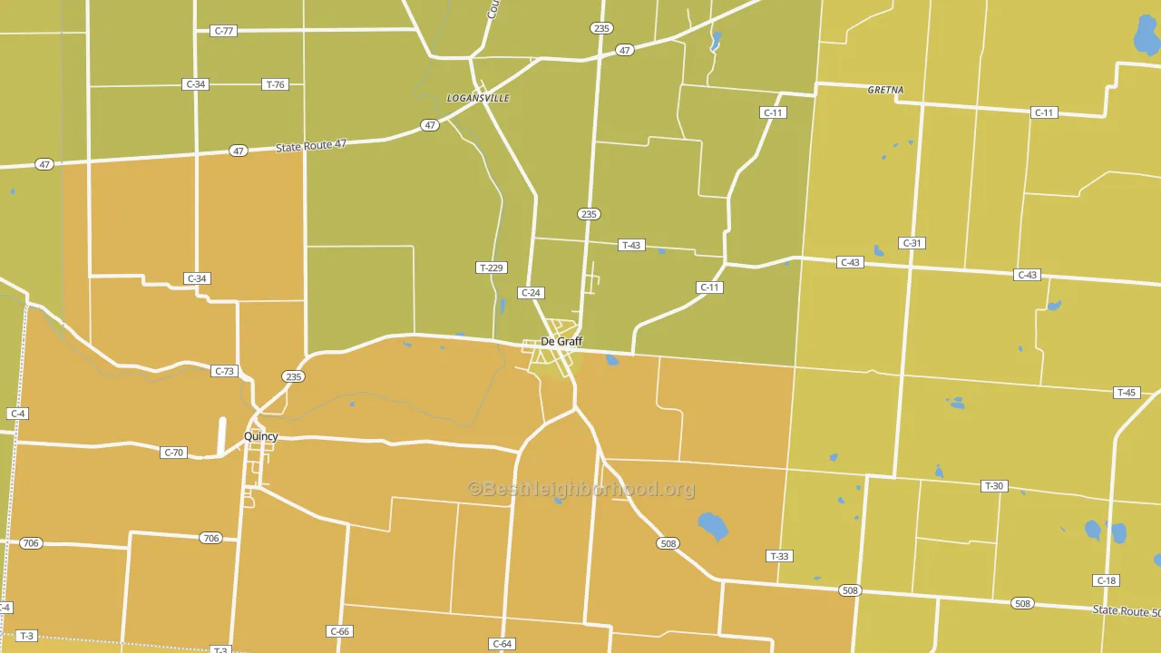 Map of the best neighborhoods in the 43318 area, with better matches in green and worse matches in red