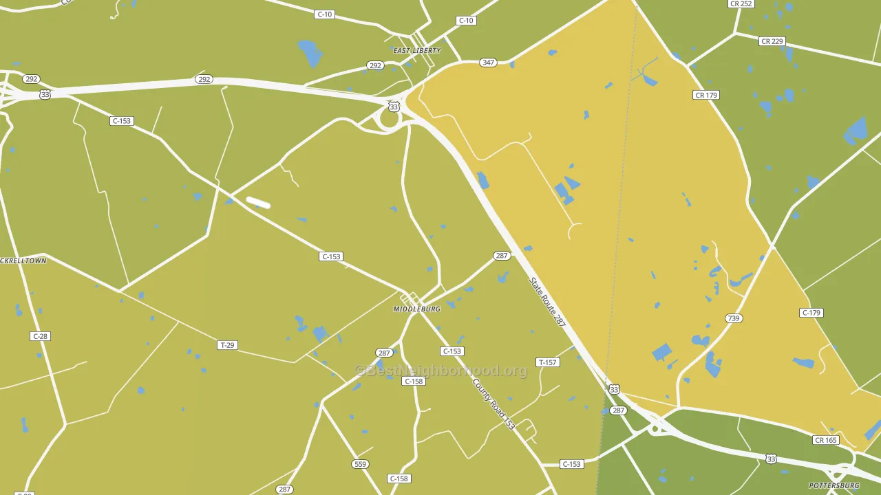 Map of the best neighborhoods in the 43319 area, with better matches in green and worse matches in red