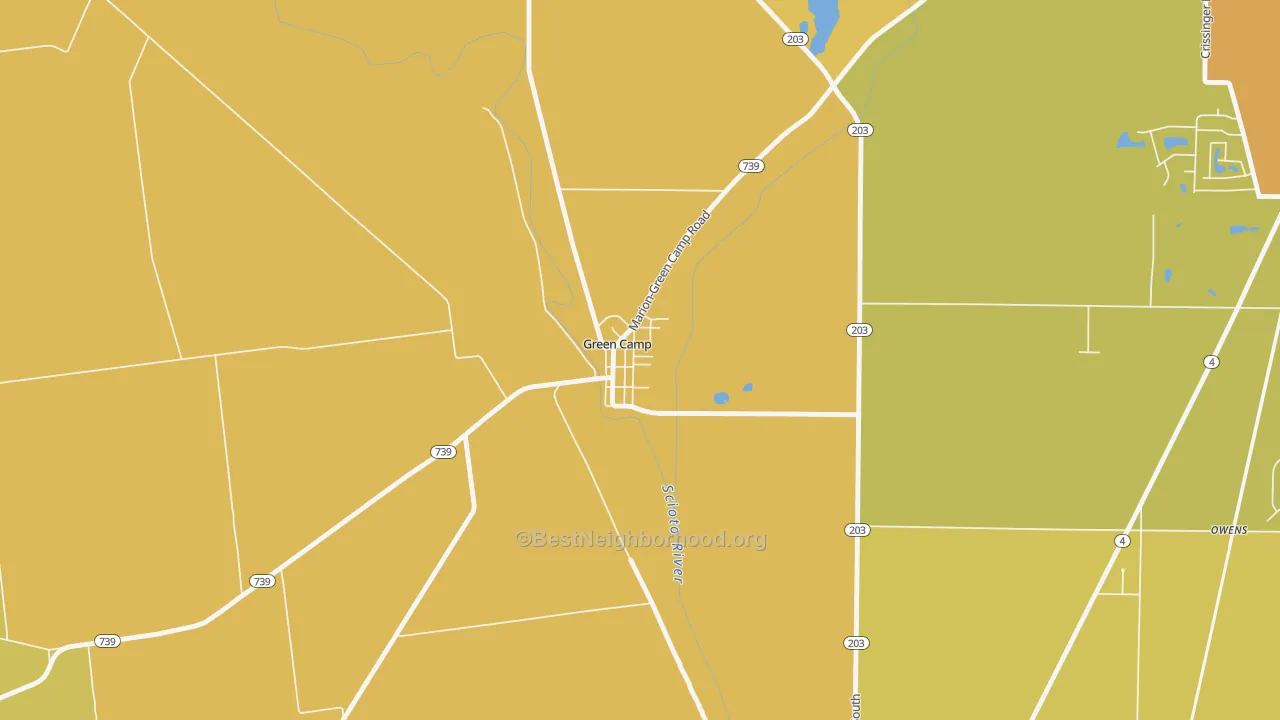 Map of the best neighborhoods in the 43322 area, with better matches in green and worse matches in red