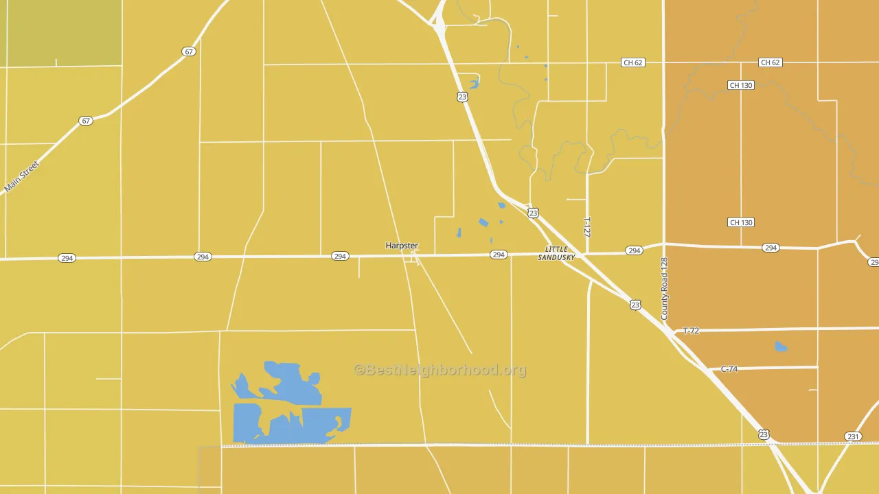 Map of the best neighborhoods in the 43323 area, with better matches in green and worse matches in red