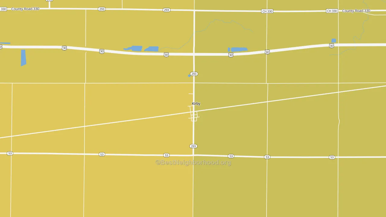 Map of the best neighborhoods in the 43330 area, with better matches in green and worse matches in red