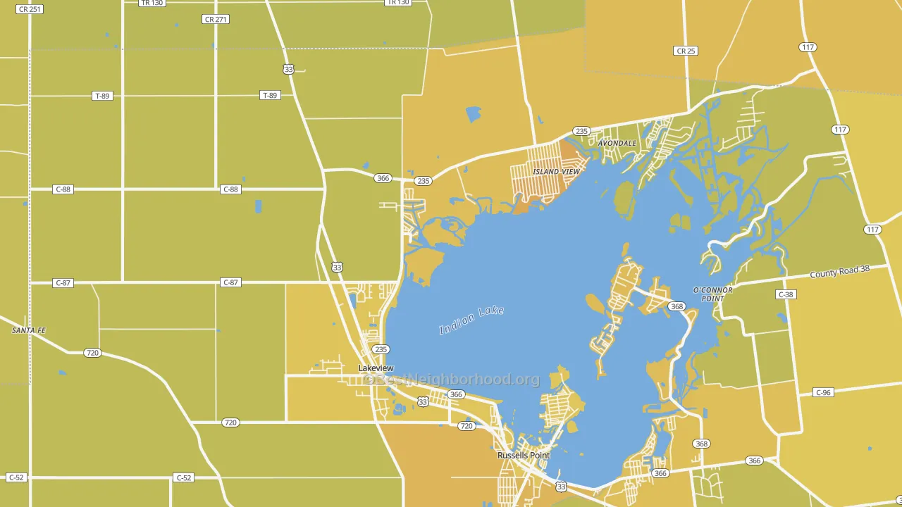 Map of the best neighborhoods in the 43331 area, with better matches in green and worse matches in red