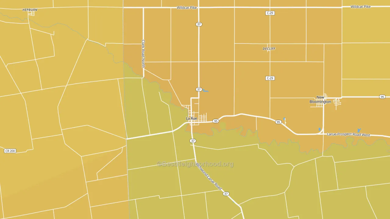 Map of the best neighborhoods in the 43332 area, with better matches in green and worse matches in red