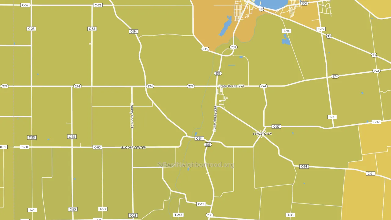 Map of the best neighborhoods in the 43333 area, with better matches in green and worse matches in red