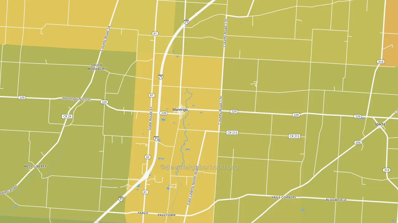 Map of the best neighborhoods in the 43334 area, with better matches in green and worse matches in red