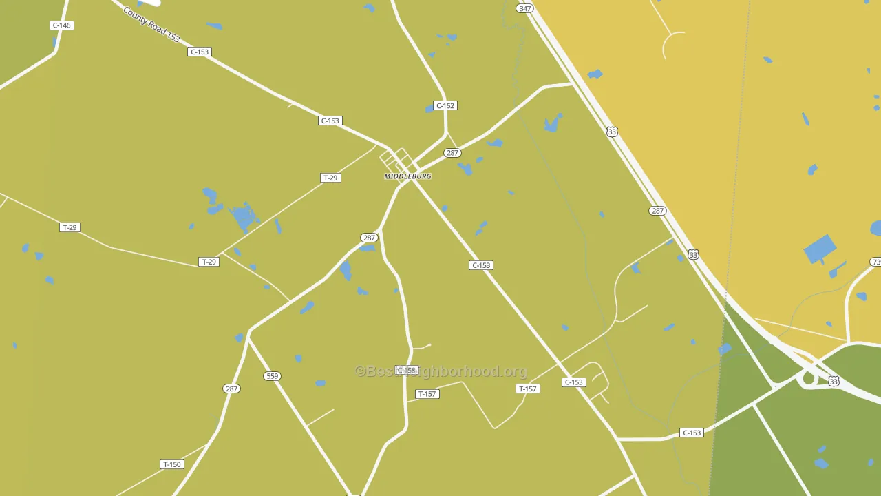 Map of the best neighborhoods in the 43336 area, with better matches in green and worse matches in red