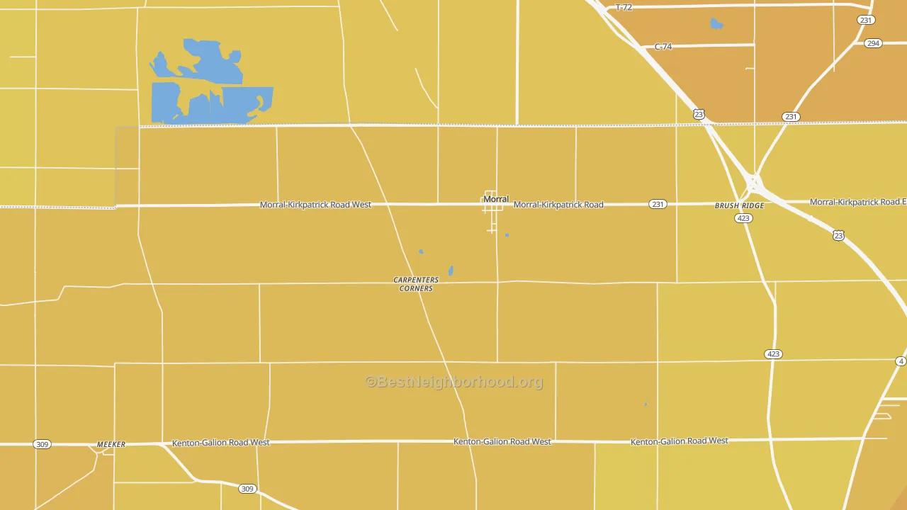 Map of the best neighborhoods in the 43337 area, with better matches in green and worse matches in red