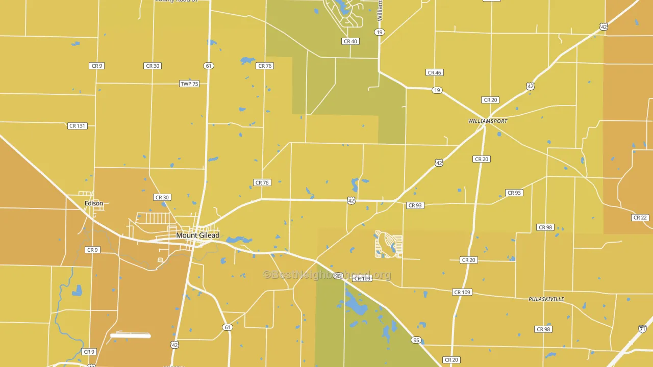 Map of the best neighborhoods in the 43338 area, with better matches in green and worse matches in red