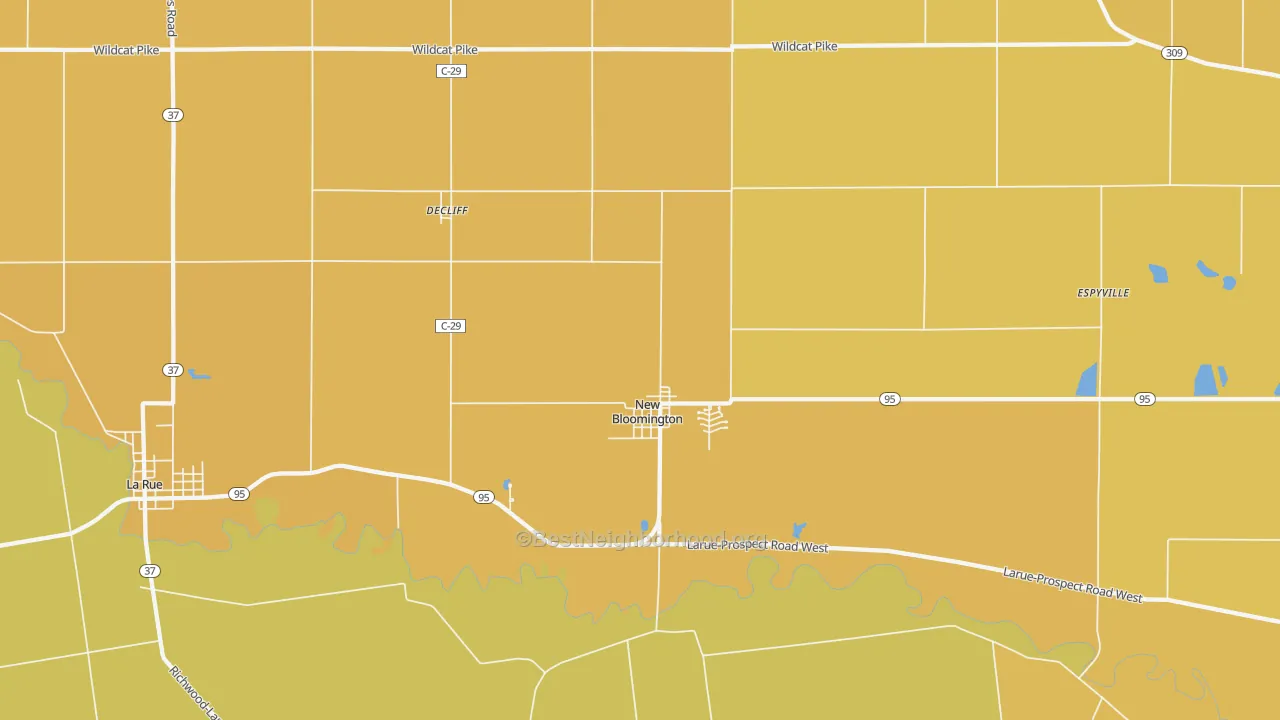 Map of the best neighborhoods in the 43341 area, with better matches in green and worse matches in red