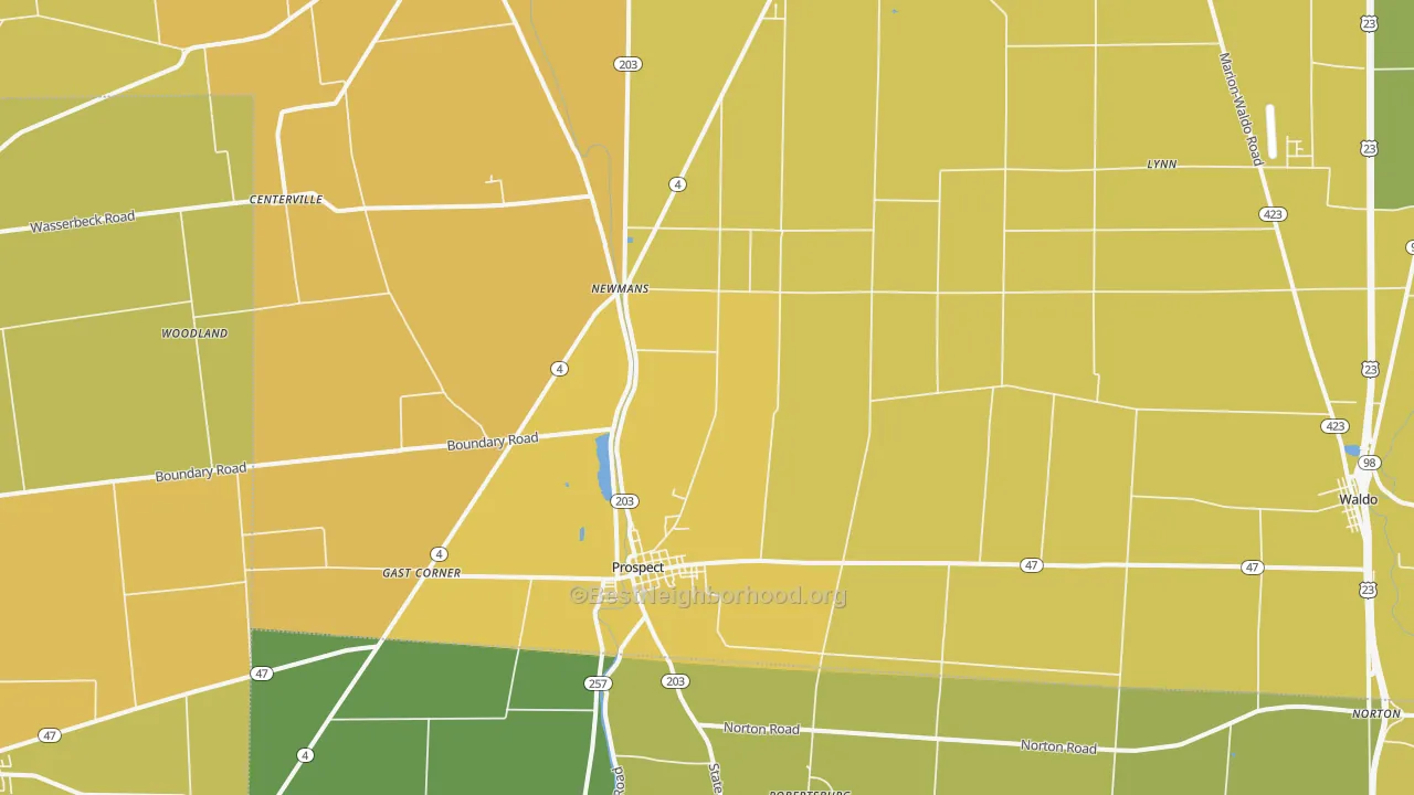 Map of the best neighborhoods in the 43342 area, with better matches in green and worse matches in red