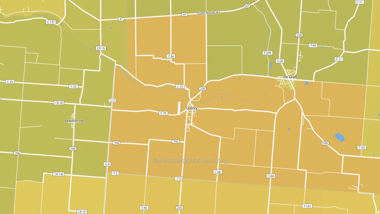Map of the best neighborhoods in the 43343 area, with better matches in green and worse matches in red