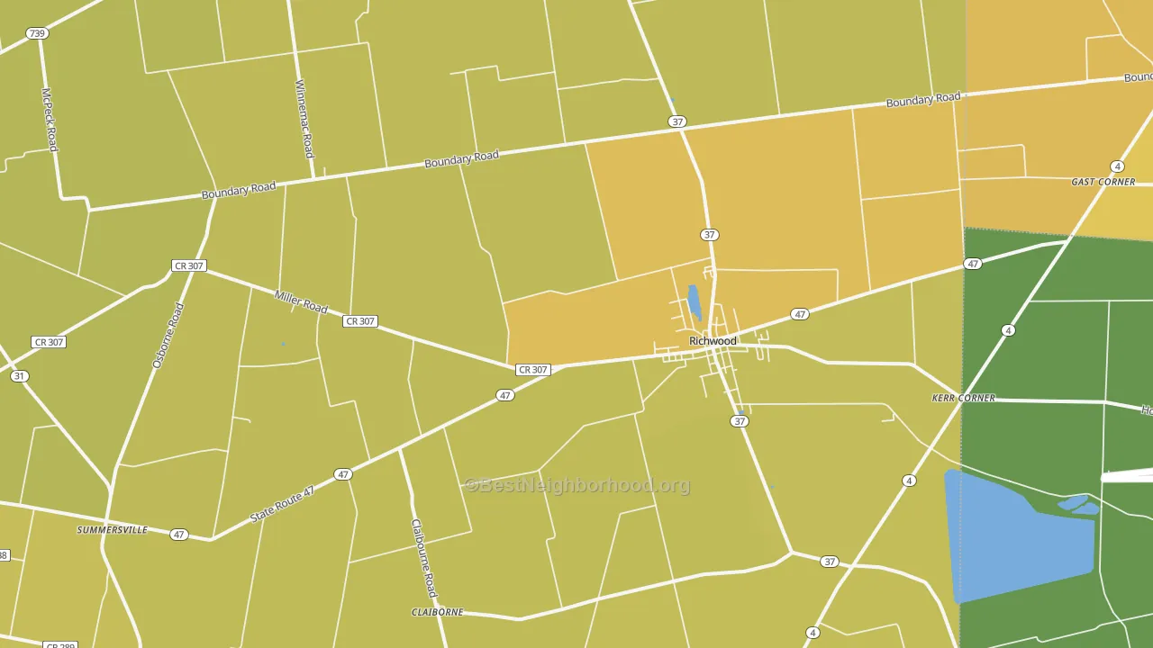 Map of the best neighborhoods in the 43344 area, with better matches in green and worse matches in red