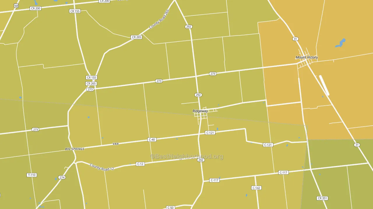 Map of the best neighborhoods in the 43345 area, with better matches in green and worse matches in red