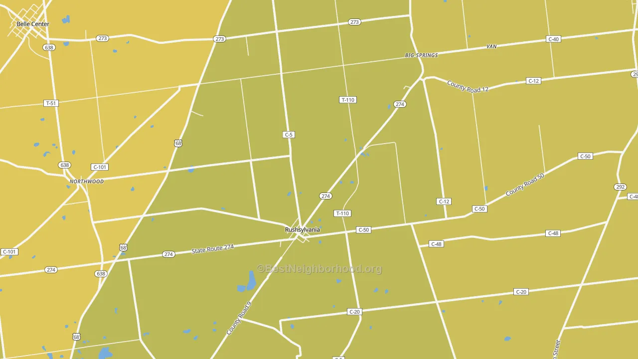 Map of the best neighborhoods in the 43347 area, with better matches in green and worse matches in red