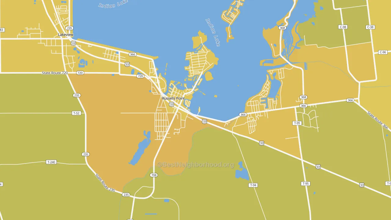Map of the best neighborhoods in the 43348 area, with better matches in green and worse matches in red