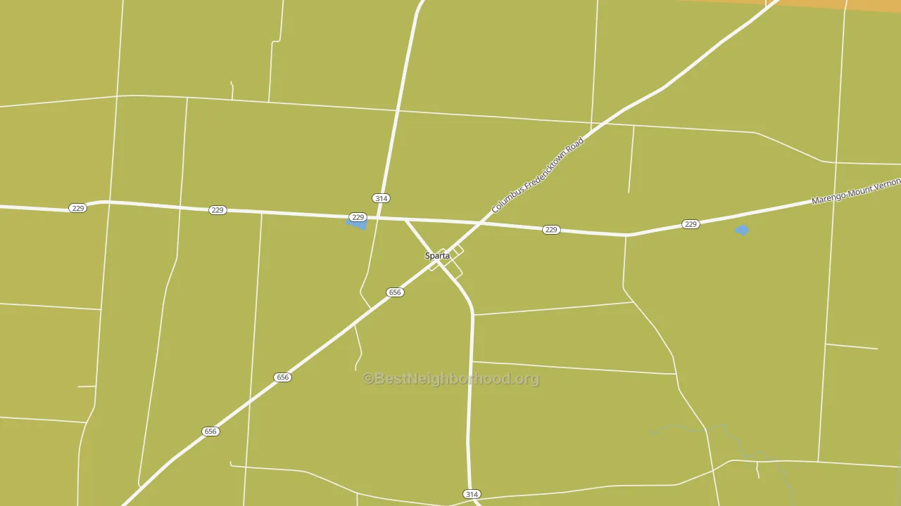 Map of the best neighborhoods in the 43350 area, with better matches in green and worse matches in red