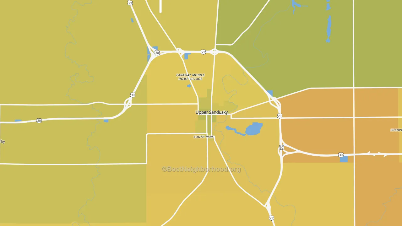 Map of the best neighborhoods in the 43351 area, with better matches in green and worse matches in red
