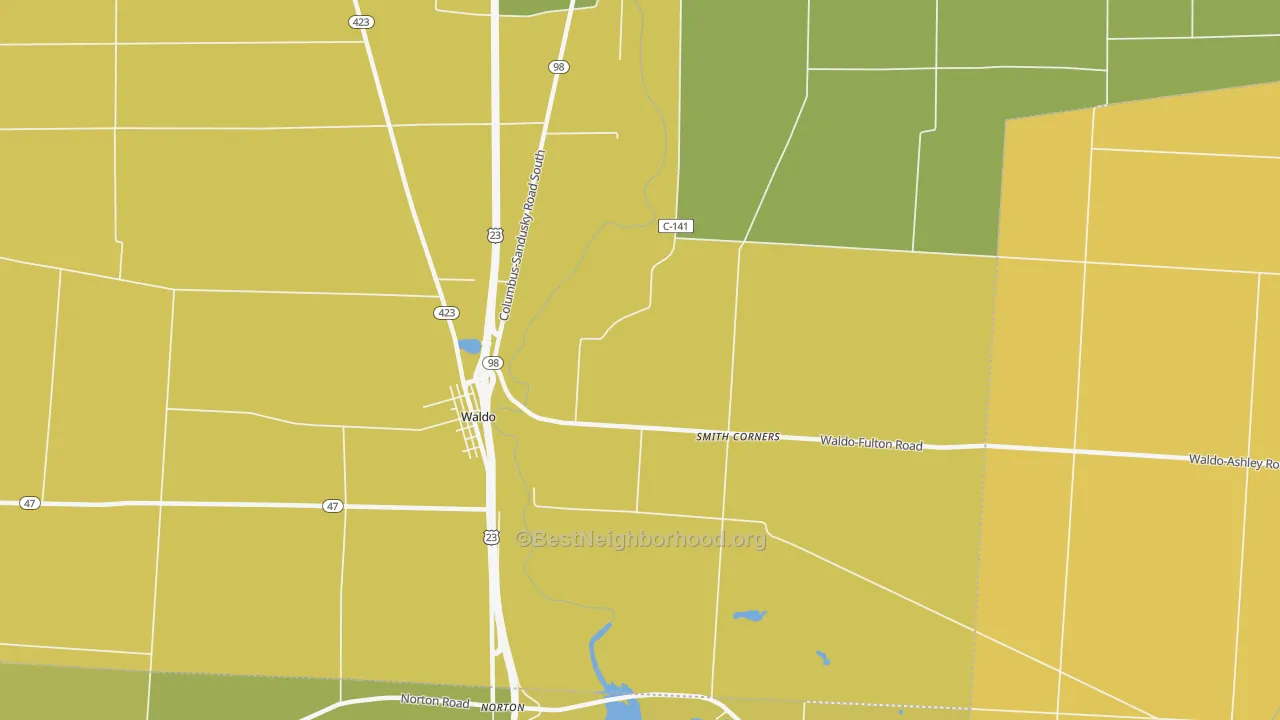 Map of the best neighborhoods in the 43356 area, with better matches in green and worse matches in red