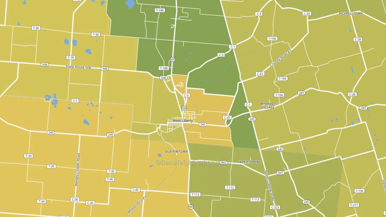 Map of the best neighborhoods in the 43357 area, with better matches in green and worse matches in red