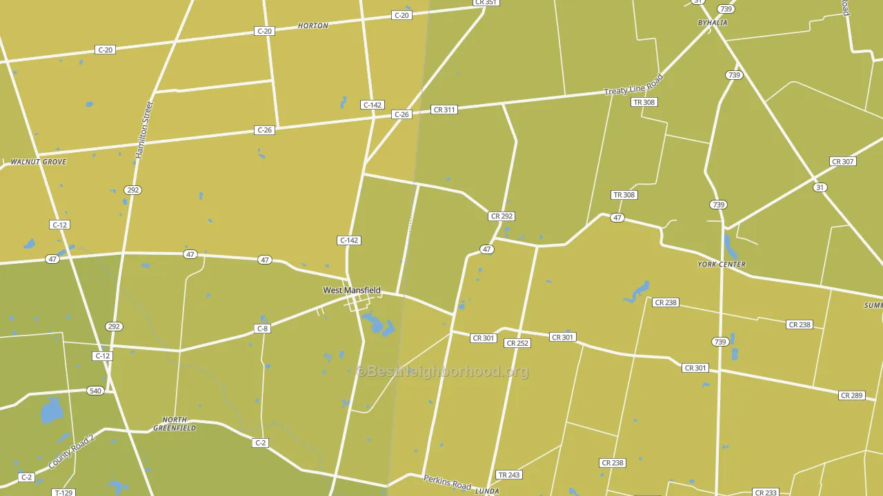 Map of the best neighborhoods in the 43358 area, with better matches in green and worse matches in red